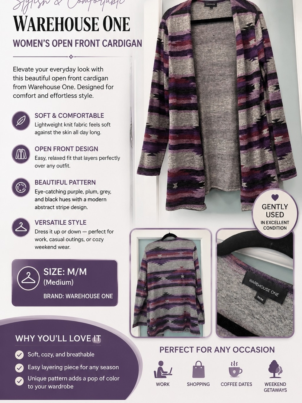 Warehouse One Purple Gray and Black Striped Open Front Cardigan
